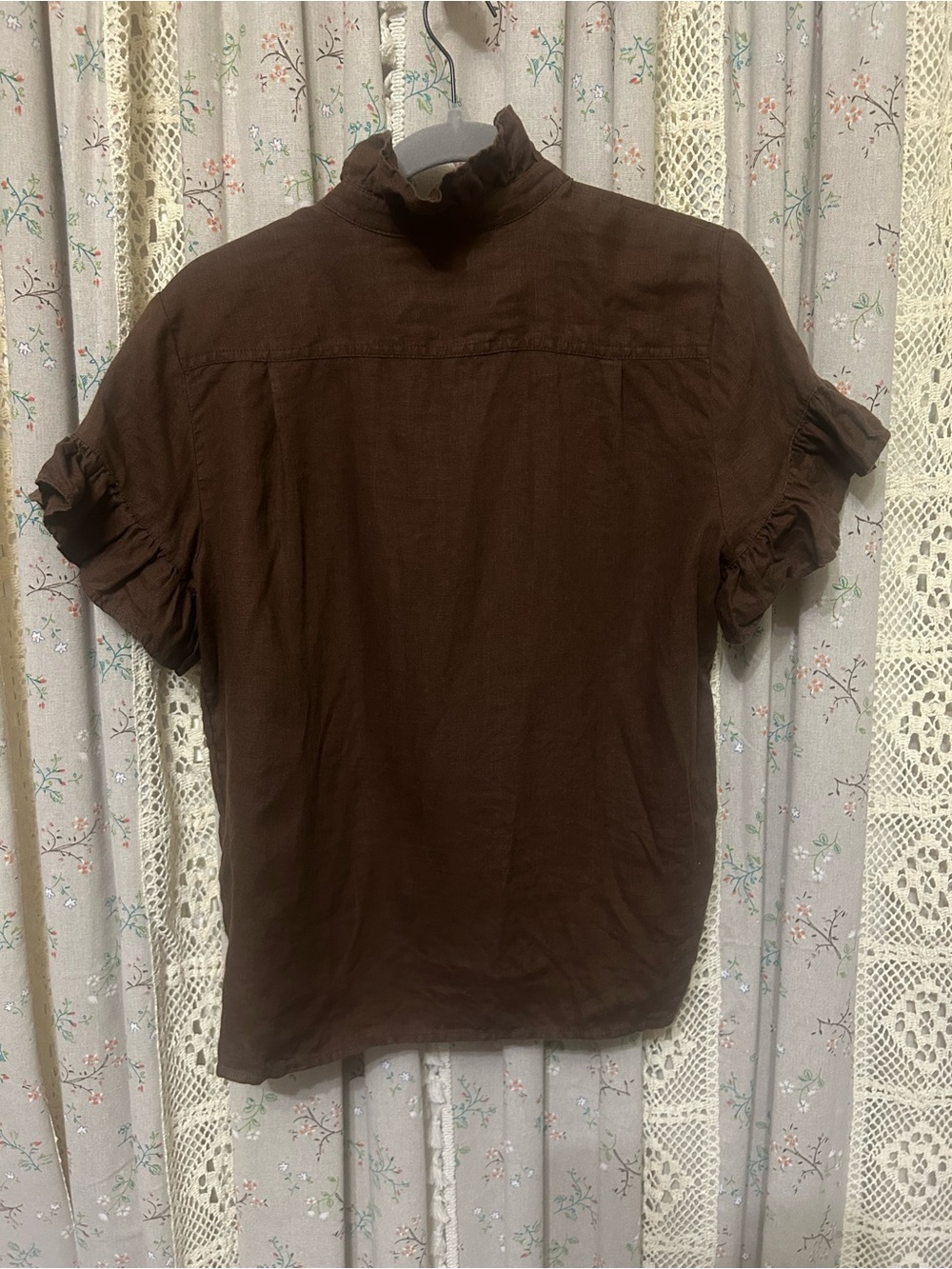 2/$28 J.Crew Brown Linen Ruffle Collar Cottagecore Blouse Size 4 - Picture 4 of 5